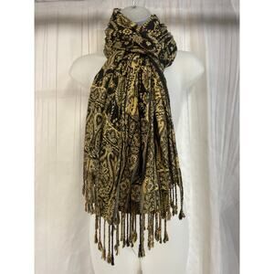 Vintage Black Gold Paisley Scarf Wrap Shawl Fringe Boho Tapestry Style